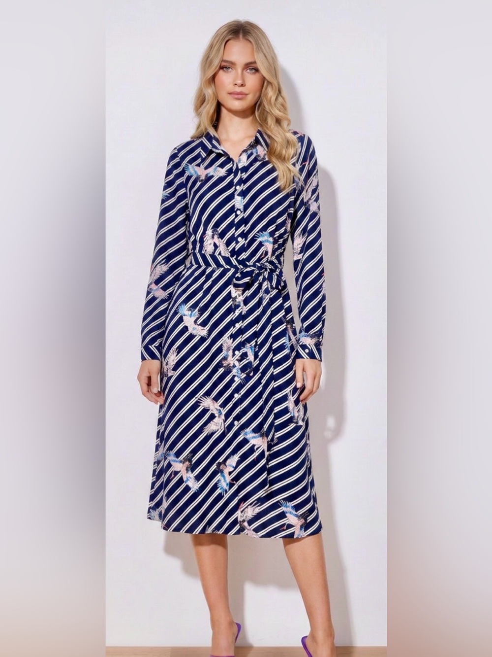Liquorish Navy Striped Bird-Print Shirt Dress with Tie Waist -8 NWOT